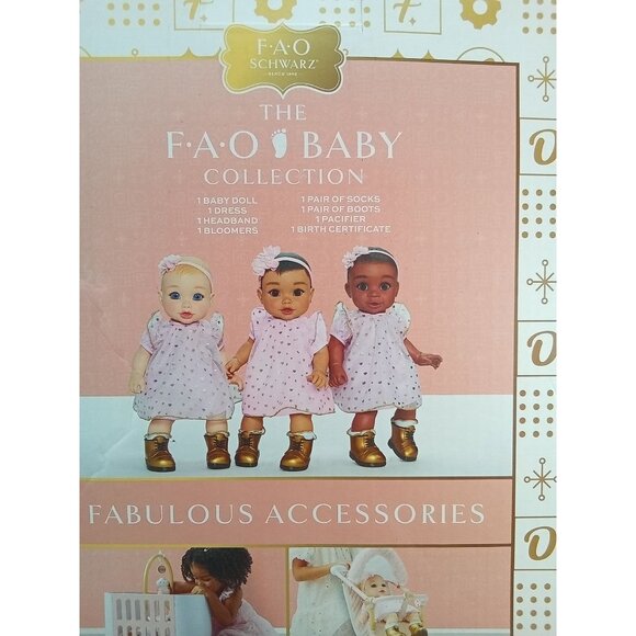 FAO Schwarz Baby 14" Cuddle Baby Doll With Gold Polka Dot Dress & Accessories - Picture 7 of 7